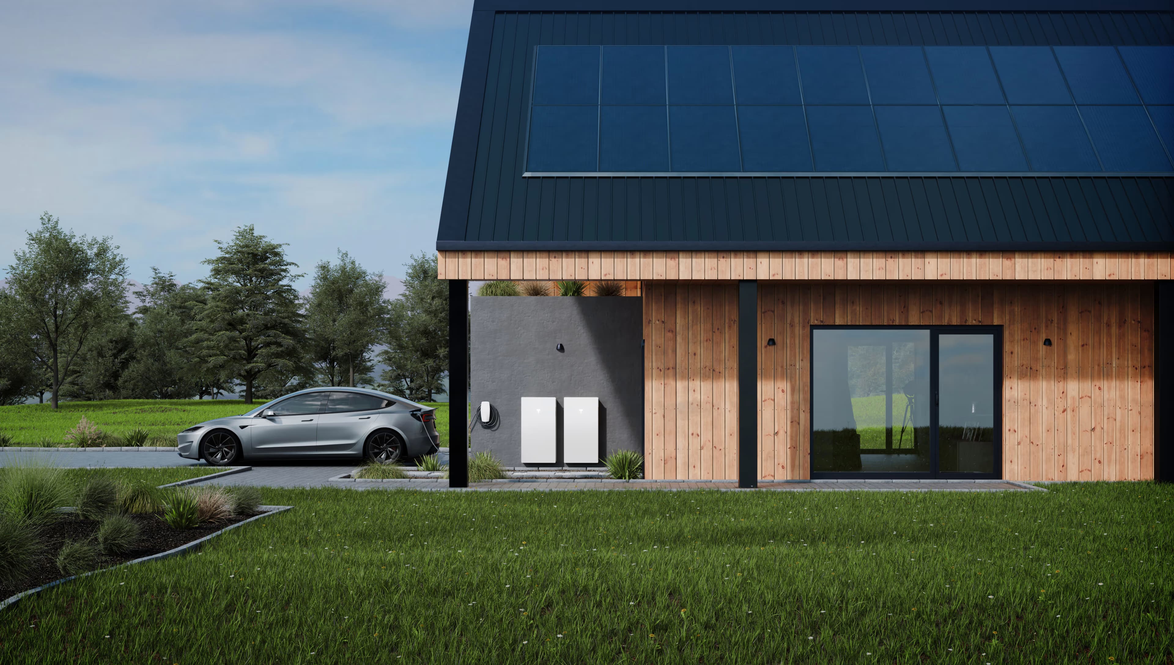 Modern house with solar panels and Tesla car